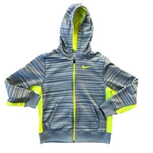 Nike Therma Fit Hoodie, Youth Boys Large, Full Zip, Gray Yellow Striped Volt